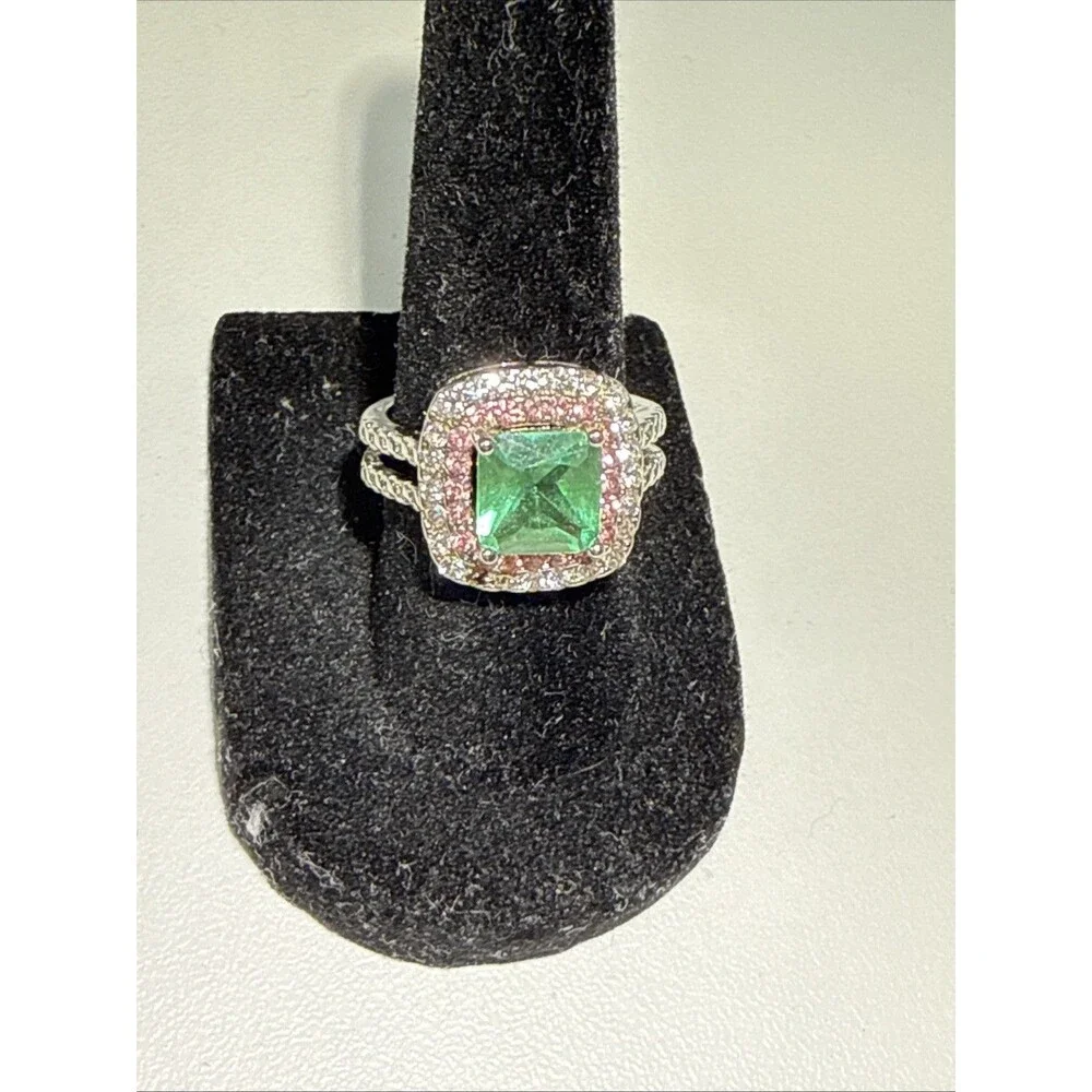 S925 Sterling Silver Emerald Green Halo Statement Ring Pink Clear Size 7